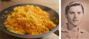 מנה של אורז מעורבב עם גזר מגורר משמאל. מימין דיוקן בשחור-לבן של אדם עם שיער קצר, לבוש בחולצת צווארון, מביט ישירות למצלמה.