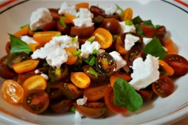 סלט מוצג על צלחת לבנה עם שוליים כתומים ושחורים. הוא מורכב מעגבניות שרי חצויות בצבעים שונים, עלי בזיליקום מפוזרים וכדורי גבינה לבנה, כנראה גבינת פטה או עיזים.