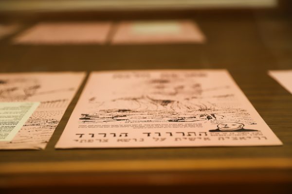 תקריב של ניירות ורודים עם טקסט ואיורים בעברית, מונח על משטח עץ. נראה שהניירות הם מסמכים או פליירים. הפוקוס הוא על הטקסט והגרפיקה, בעוד הרקע מטושטש.