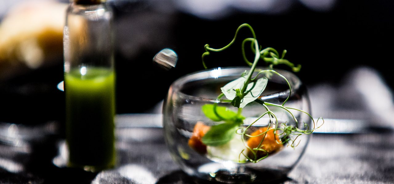 קערת זכוכית מכילה מנה קטנה ומוצגת באומנות עם ירקות וחתיכות אוכל קטנות. בקבוק זכוכית קטן מלא בנוזל ירוק נמצא ליד הקערה. הרקע מטושטש וכהה.