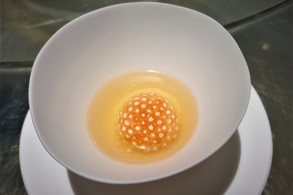 קערה לבנה מכילה מרק שקוף שבמרכזו חפץ כתום כדורי, מכוסה בנקודות לבנות קטנות. הקערה מונחת על צלחת לבנה על רקע מטושטש.