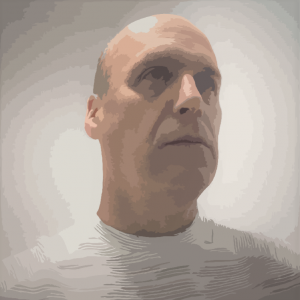 דיוקן מסוגנן דיגיטלי של גבר עם ראש קירח ולובש חולצה לבנה. לתמונה יש אפקט רך ומטושטש עם צבעים עמומים, המדגיש את הבעת פניו של הגבר כשהוא מסתכל מעט כלפי מעלה ומשמאל.