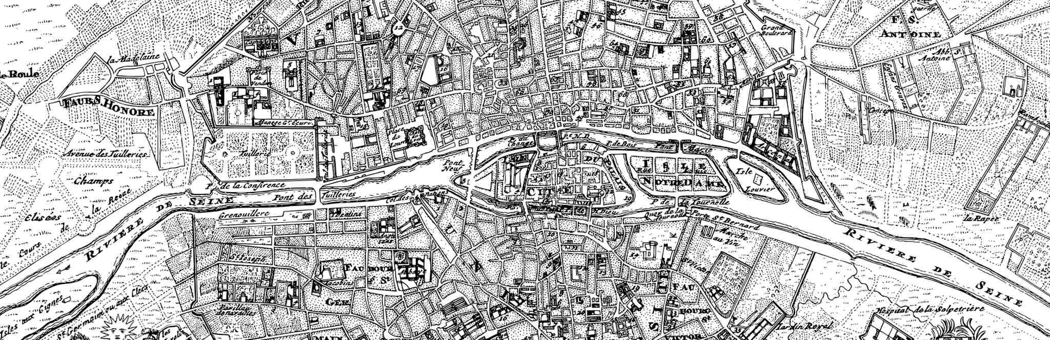 מפת וינטג' מפורטת בשחור-לבן המציגה את הפריסה של פריז הישנה, הכוללת את נהר הסיין העובר בעיר. רחובות, מבנים וציוני דרך מסומנים בצורה מורכבת, עם גשרים המחברים בין חלקים שונים של העיר מעל הנהר.