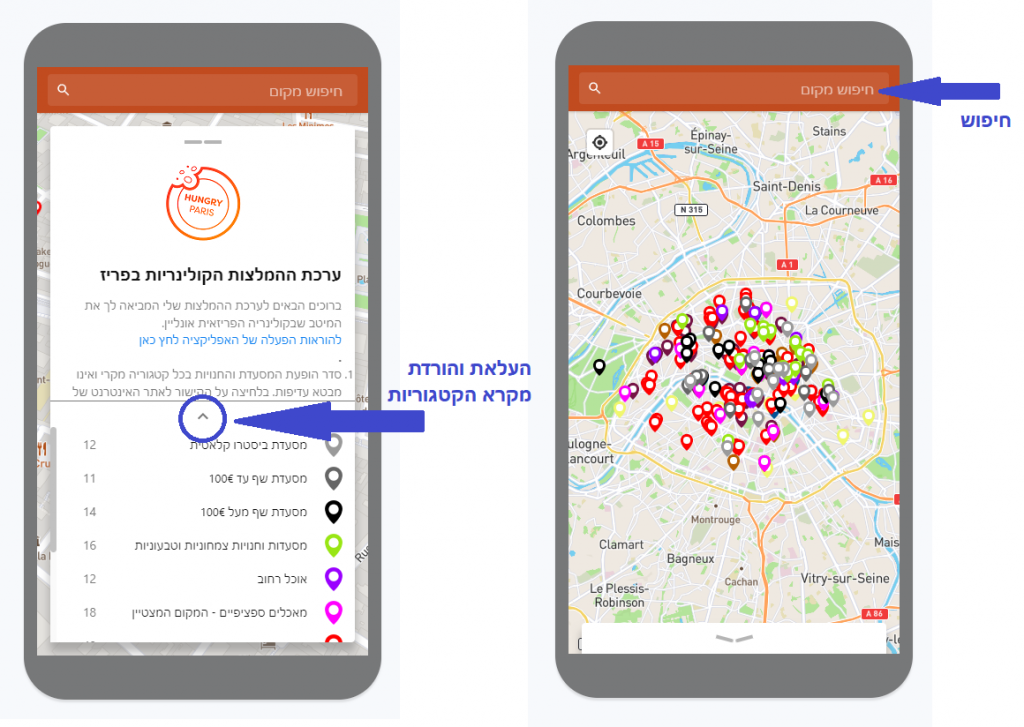 שני מסכי סמארטפון מציגים אפליקציה. המסך השמאלי מציג טקסט בעברית ורכיבי ממשק. המסך הימני מציג מפה של פריז עם סמני מיקום צבעוניים ותוויות בעברית המצביעות על תכונות חיפוש ובחירה בקטגוריות.