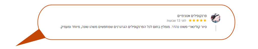 תיבת טקסט עם ביקורת בעברית. יש לו תמונת פרופיל בצד ימין וחמישה כוכבים מעל הטקסט. הרקע לבן עם גבול כתום המצביע שמאלה.
