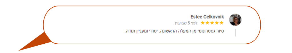 צילום מסך של ביקורת של אסתי סלקובניק עם דירוג של חמישה כוכבים. הטקסט הוא בעברית.