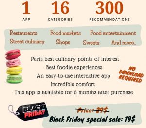 אינפוגרפיה מפרסמת אפליקציה קולינרית כוללת 16 קטגוריות, 300 המלצות וטיפים לאוכל בפריז. בתמונה מוצגים מקרונים. האפליקציה במבצע בלאק פריידי ב-19 דולר (במקום 29), למנוי של חצי שנה. אין צורך בהורדה.