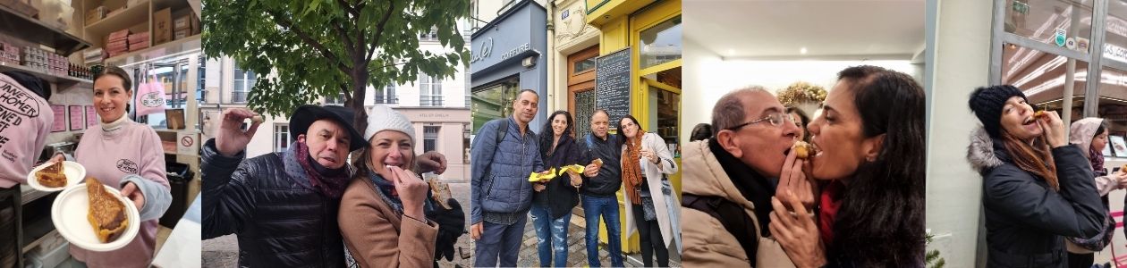 קבוצה של אנשים נהנית לאכול מאפים יחד במגוון מקומות, גם בחוץ וגם בפנים, מחייכים, צוחקים ומשתפים זה את זה באוכל באווירה ולילה.